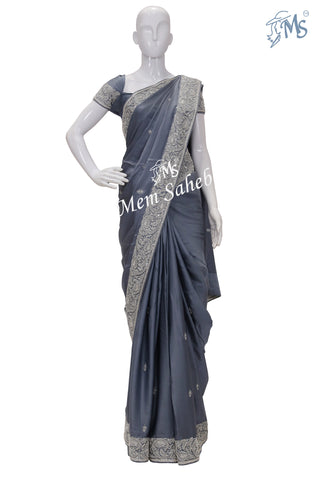 Saree Steel Grey Satin Silk with Designer Silver Embellishments