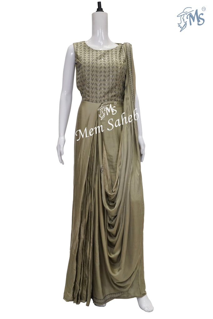Olive Green Georgette Floor Length Anarkali with Swarovski Stone Work with Attach Dupatta