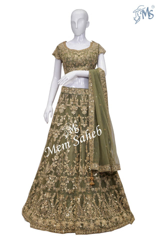 Bridal Ghagra Choli Olive Green Nett with Embroidery and Gota work