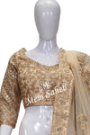 Bridal Ghagra Choli Peach Tissue with Designer Sleeves and Contrast Dupatta