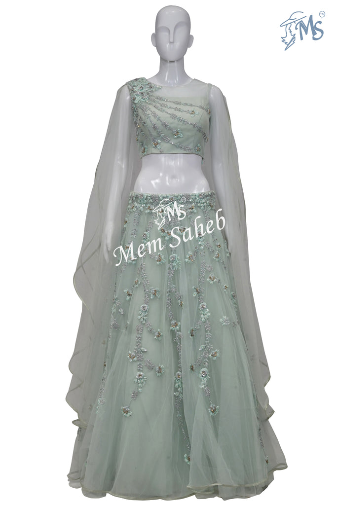 Bridal Ghagra Choli Pista Green Fancy Embroidery and Designer Sleeves