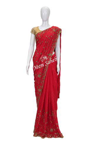 Bridal Saree Red Chinnon with delicate all over Hand Embellishments