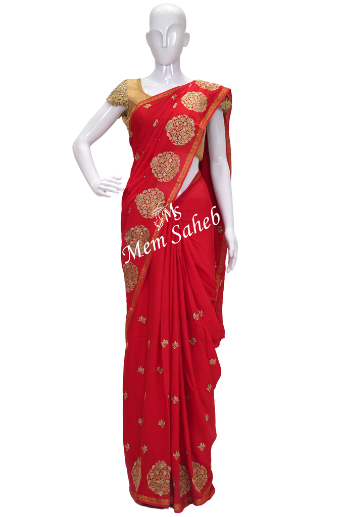 Bridal Saree Red Chinnon with Gold and Silver Embroidery