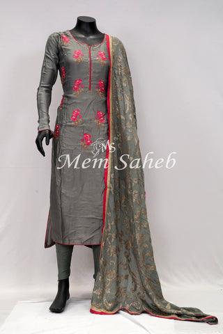 Dress Grey Silk with Floral Embroidery and Sequin Designer Dupatta