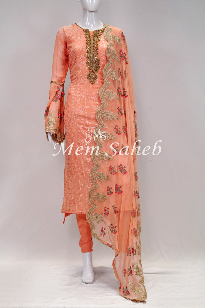 Dress Peach Georgette self embroidery and Designer Dupatta