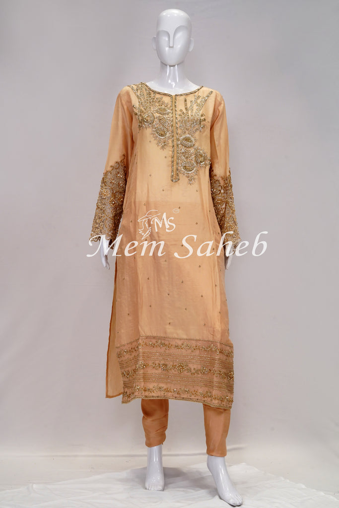 Dress Peach Silk with Designer Sleeves and Chiffon Dupatta