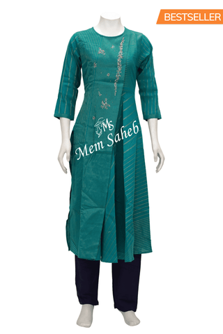 Kurti Set Cotton Peacock Blue top with stripes Embroidery and Pant