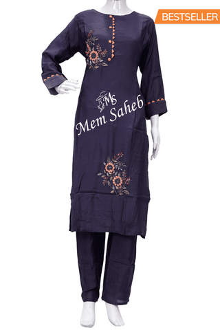 Kurti Set Steel Blue Silk with Pant and Top having hand Embroidery