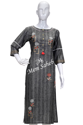 Kurti Cotton Grey Stripes with Embroidery Flowers