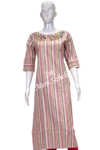 Kurti Cotton Multi Colour Stripes with Embroidery and three fourth sleeves