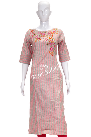 Kurti Cotton Peach Grey stripes with Embroidery and Elbow sleeves
