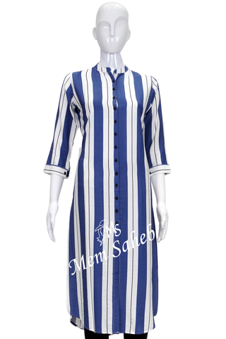 Kurti Cotton White with Blue Stripes and Collar Neck