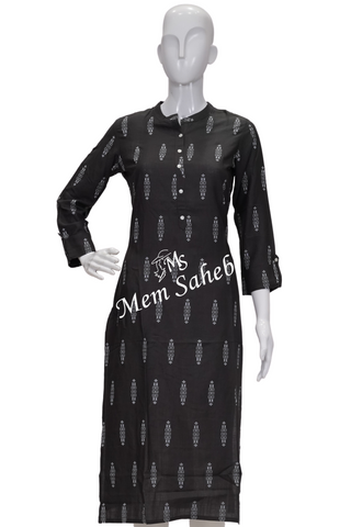 Kurti Grey Cotton Printed with Collar neck and three fourth Sleeves