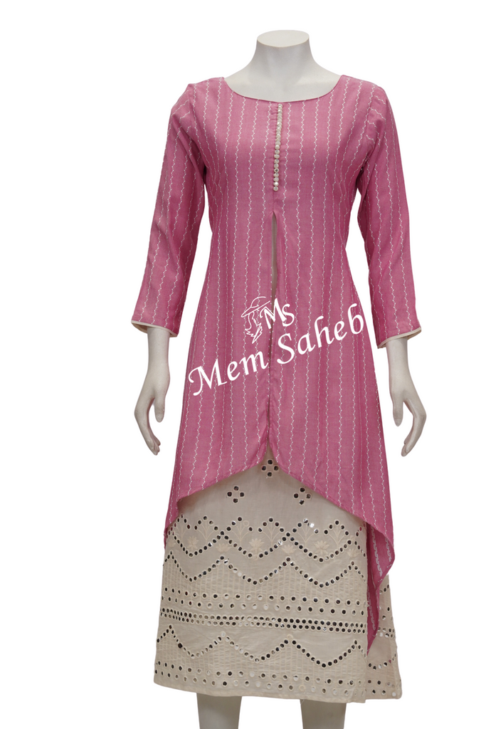 Kurti Pink Cotton Double layer with Weaving and daaman Mirror work
