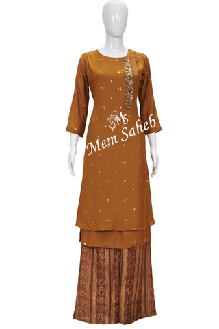 Kurti Set Mud Brown Silk Top with Embroidery and contrast Palazzo