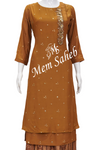 Kurti Set Mud Brown Silk Top with Embroidery and contrast Palazzo