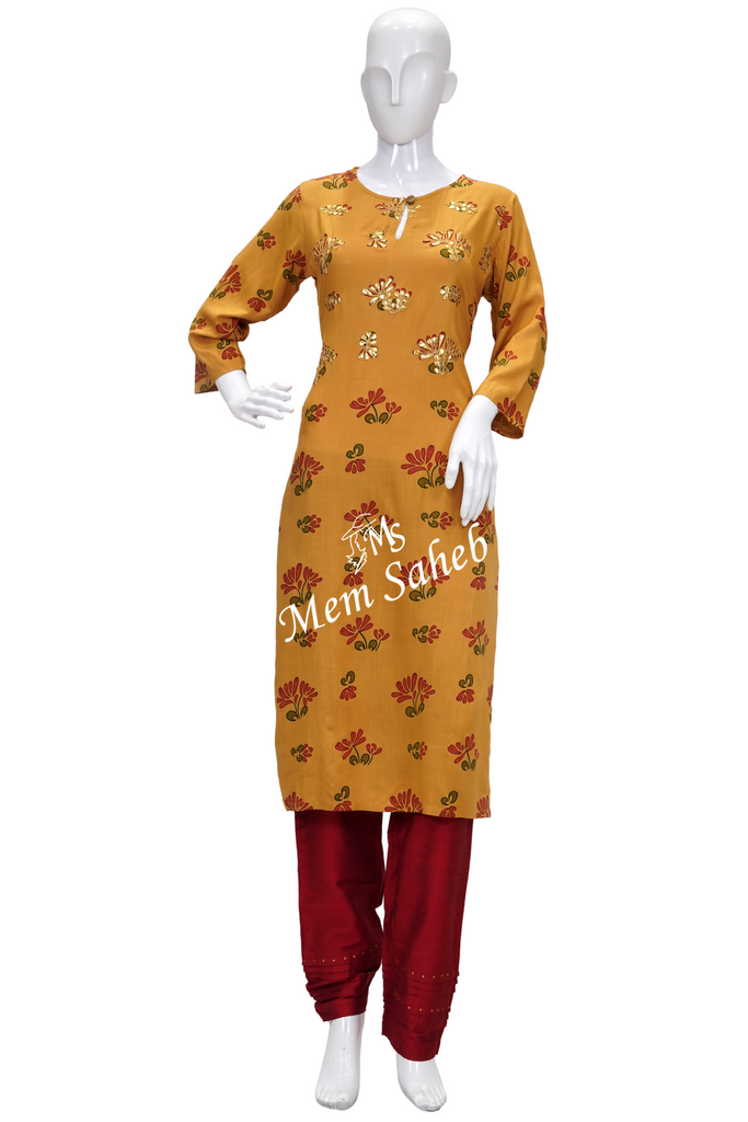 Kurti Set Mustard Rayon Top with Gota work and Contrast Pant