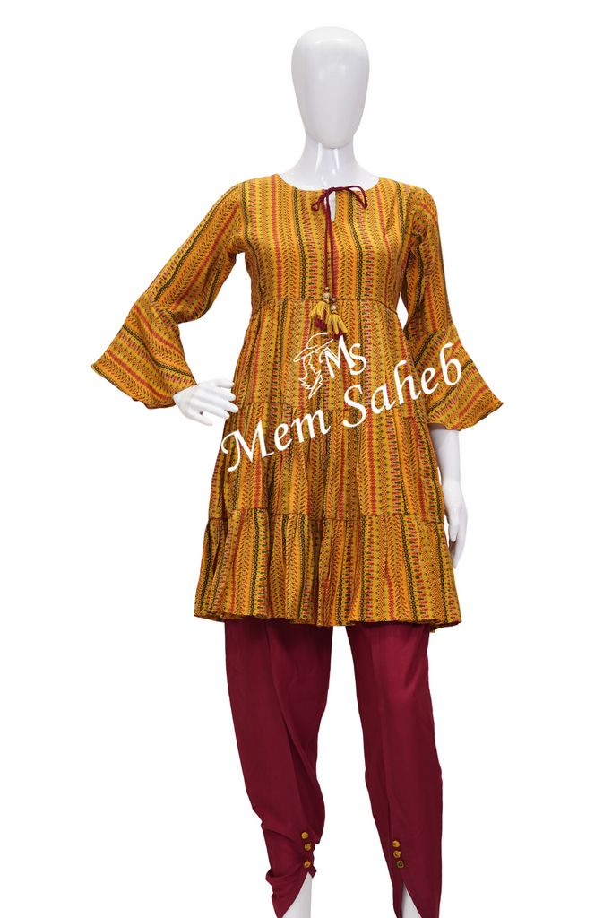 Kurti set Mustard Silk printed Peplum Top with Contrast Dhoti pant