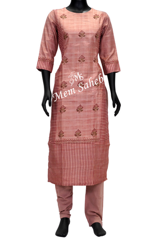 Kurti Set Onion Pink Tusser Silk Top with Embroidery having Cotton Pant
