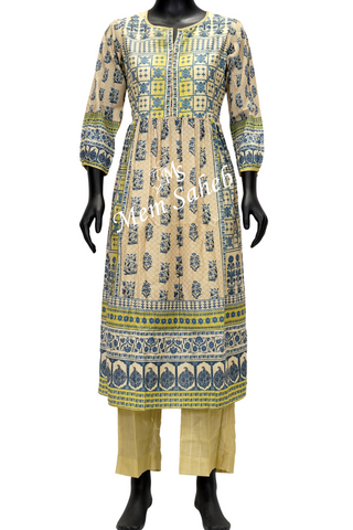 Kurti Set Pista Green Frock Style Silk Top with Floral print and Gold Stripes Palazzo