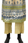 Kurti Set Pista Green Frock Style Silk Top with Floral print and Gold Stripes Palazzo