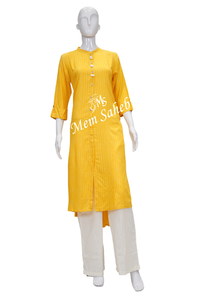 Kurti Set Rayon Yellow Striped Top with Contrast Palazzo Pant