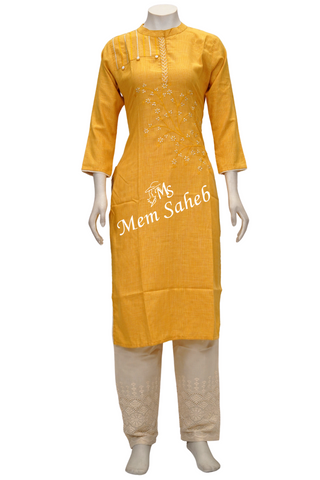 Kurti Set Rayon Yellow Top  with Embroidery having Chikan pant