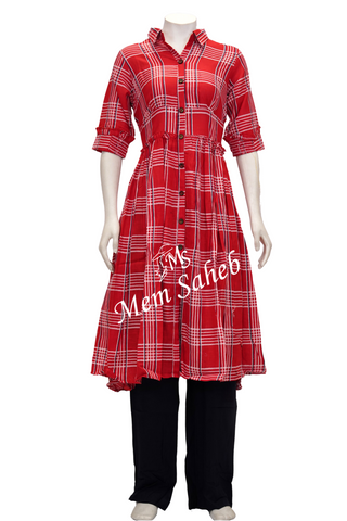 Kurti Set Red Cotton Frock Style with Collar and Contrast Palazzo