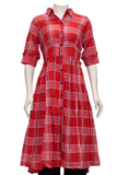 Kurti Set Red Cotton Frock Style with Collar and Contrast Palazzo