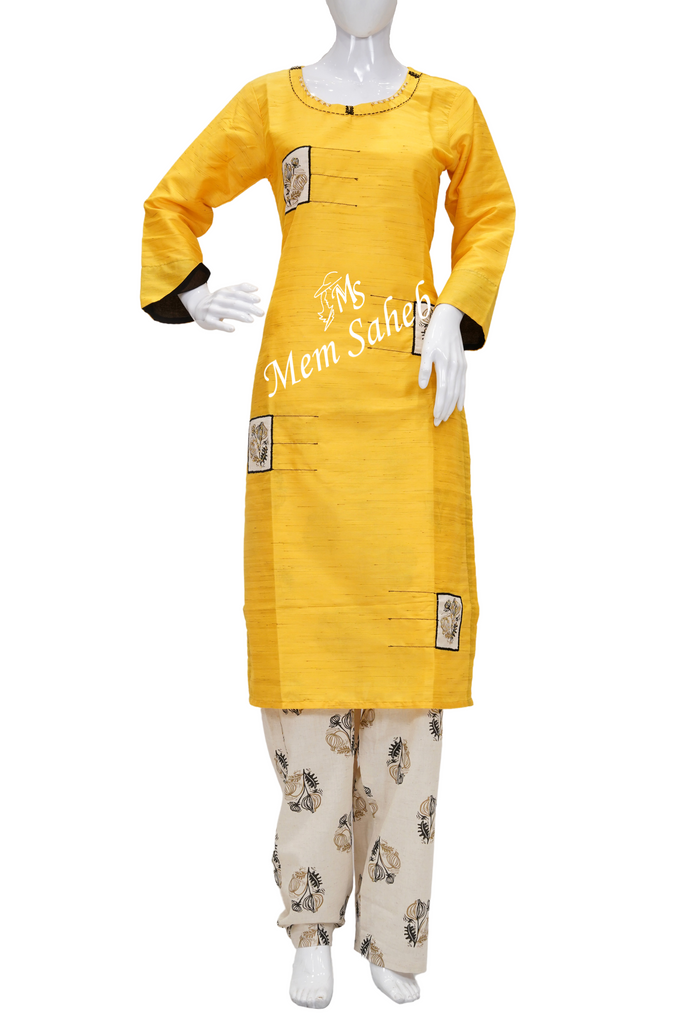 Kurti Set Yellow Silk Top with Applique work and Printed Cotton Pant