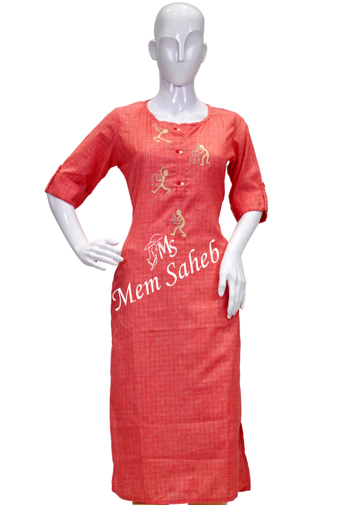 Kurti Two tone Peach Cotton with Contrast Embroidery