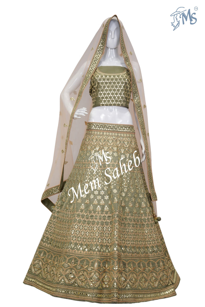 Lehenga Choli Mehendi Green Silk with Gota work and Contrast Dupatta