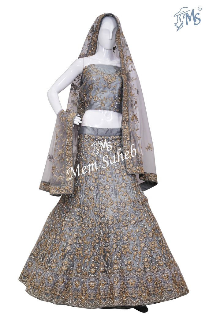 Lehenga Choli Grey Nett semi stitch with  Cords Zari and Stone Work