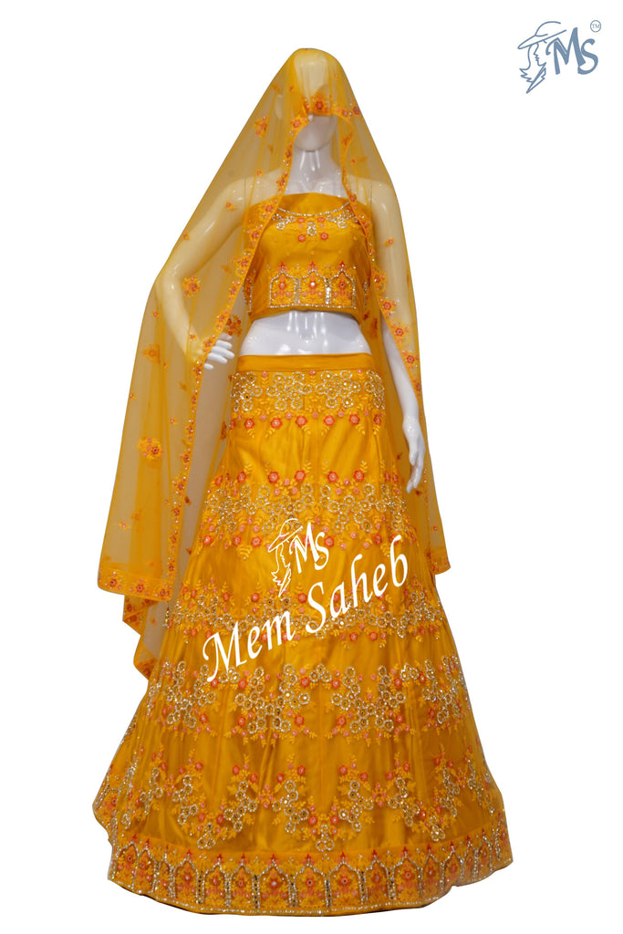 Lehenga Choli Yellow Net Semistitched with all over Contrast Embroidery