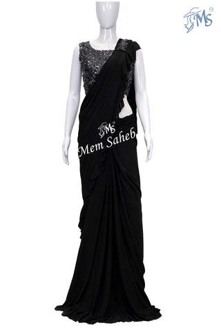 Saree Black drape style with designer Embellished coal black Blouse