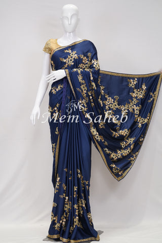 Saree Indigo Blue Satin Silk with Bouquet Style Hand Embroidery