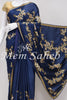 Saree Indigo Blue Satin Silk with Bouquet Style Hand Embroidery