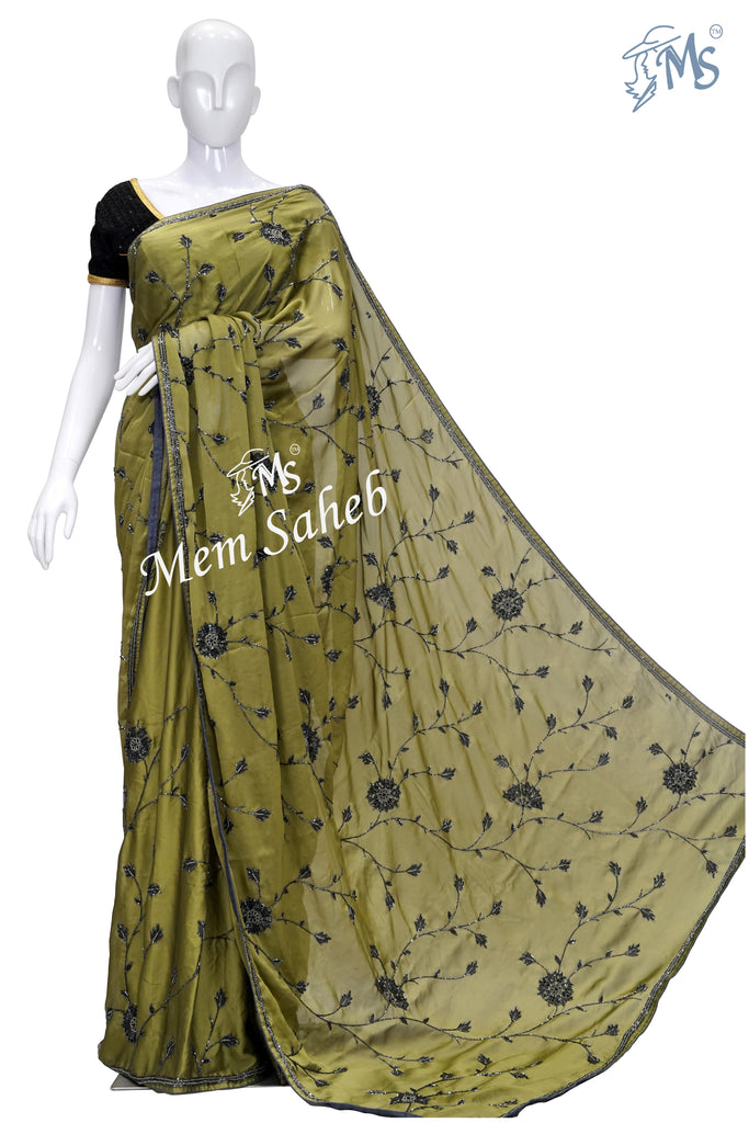 Saree Mehendi Green Viscose Georgette with Designer Hand Embroidery
