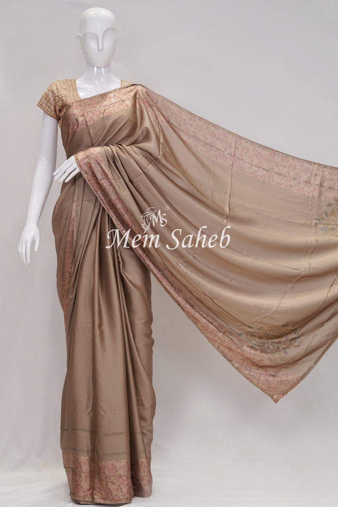 Saree Mud Brown Shimmer Georgette with Digital Print and swarovski stones