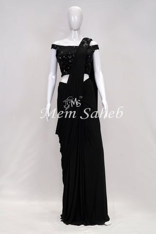Saree One Minute Black with ready pleats and Designer Off Shoulder Blouse - Mem Saheb