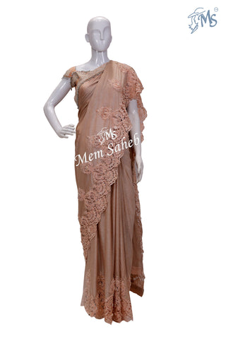 Saree Peach Designer with Crochet Embroidery Lace